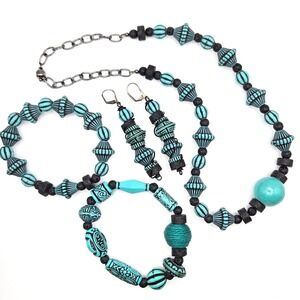 Bohemian Turquoise Black Acrylic Necklace Bracelet and Earrings Set Lava Stone